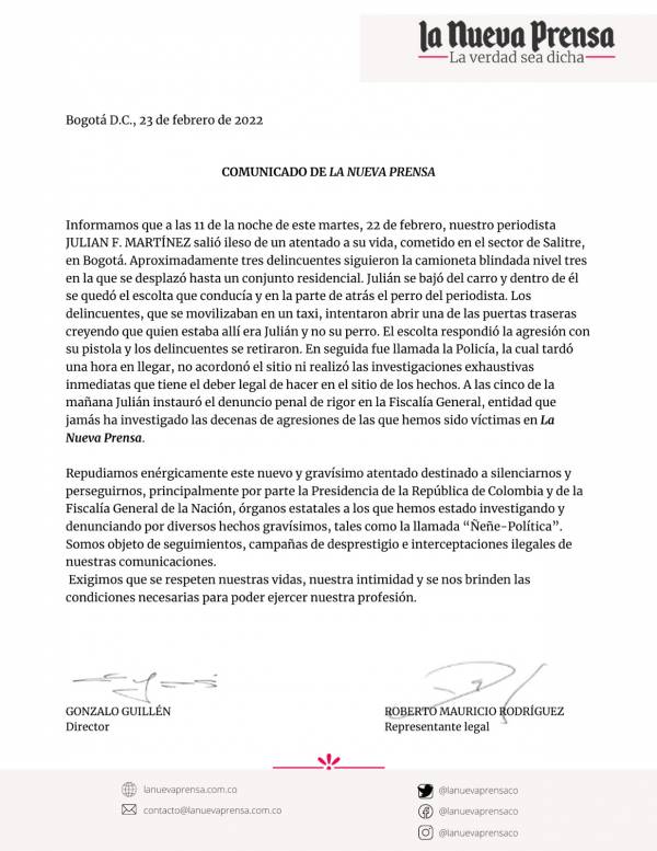 Comunicado de prensa emitido por La Nueva Prensa en respuesta a la denuncia de atentado por parte del periodista Julián Martínez