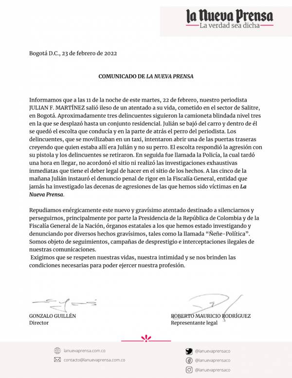 Comunicado de prensa emitido por La Nueva Prensa en respuesta a la denuncia de atentado por parte del periodista Julián Martínez