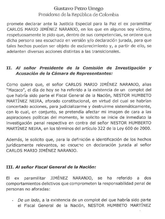 Carta de Gustavo Petro a la Comisión de Acusaciones y la Fiscalía