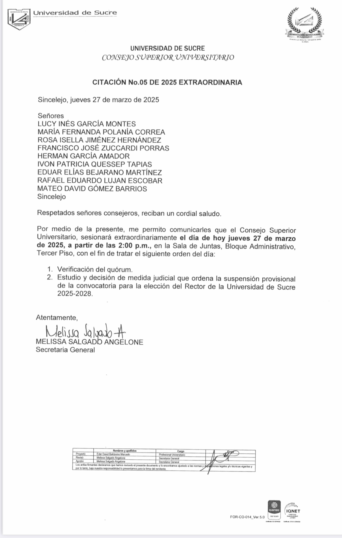 Citación a reunión extraordinaria del Consejo Superior, donde aparecen los nombres de los nueve integrantes quienes al final del proceso escogerán al nuevo rector de Unisucre.