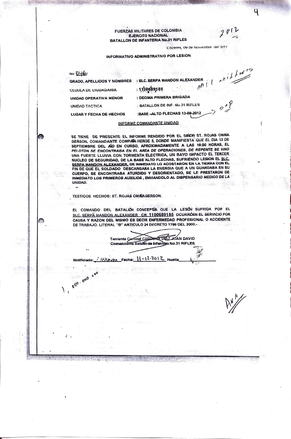 Informativo del Ejército Nacional sobre Álex Serpa Mandón
