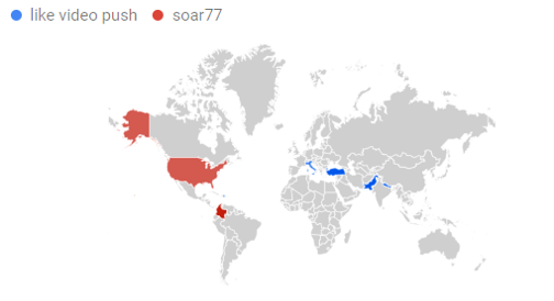 Geografía de los volúmenes de búsqueda en Google para Soar 77 y Like Video Push