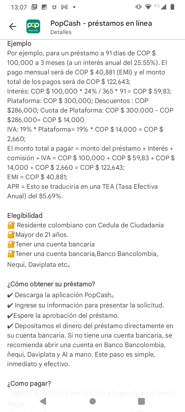 Imágen de la descripción de PopCash: Ejemplo de un prestamo de 100 mil pesos y condiciones de elegibilidad.