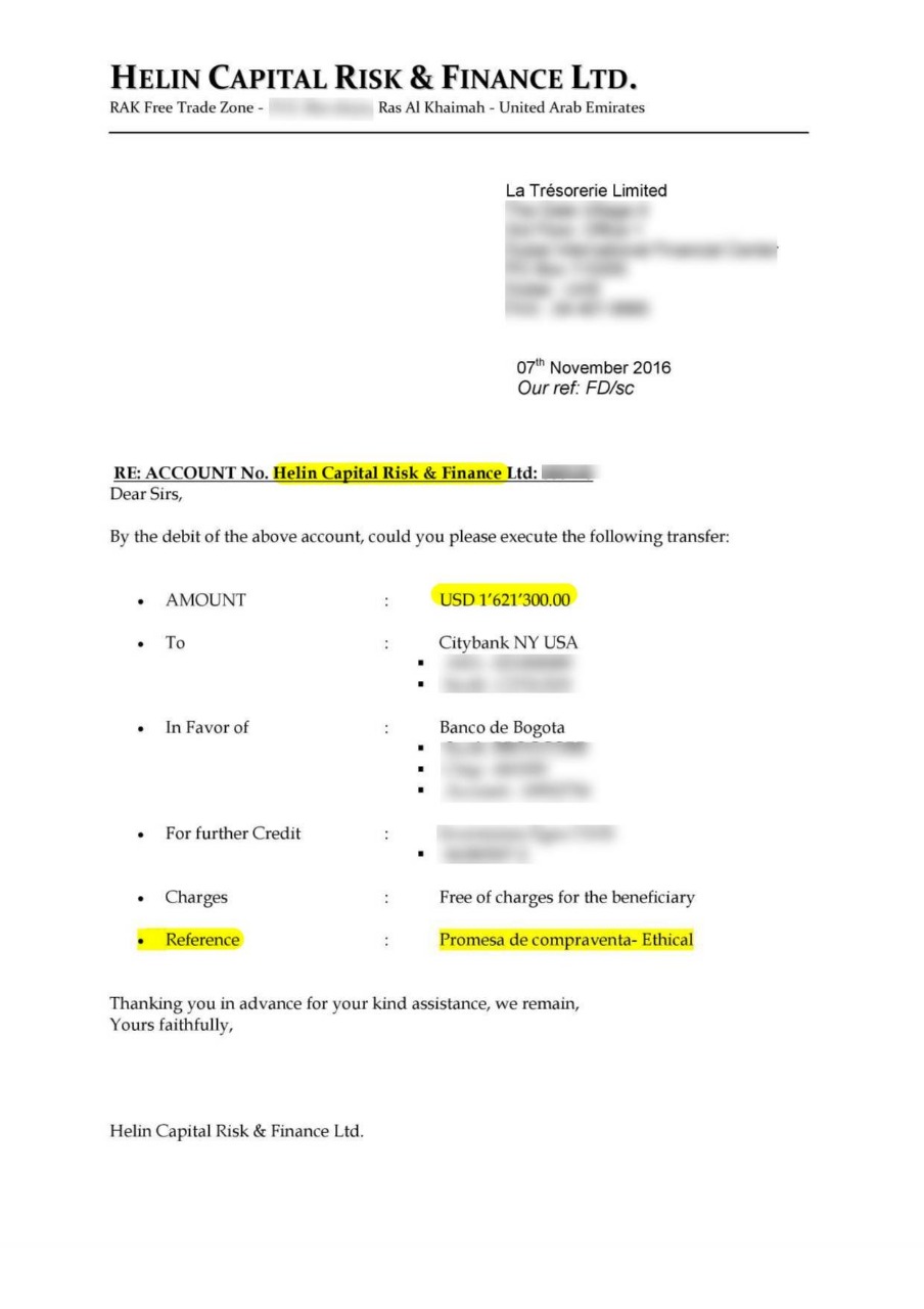 Transferencia de Helin (a cuenta de vendedores) para la compra de la Casa Cuartel. Crédito: Documento L’Obs