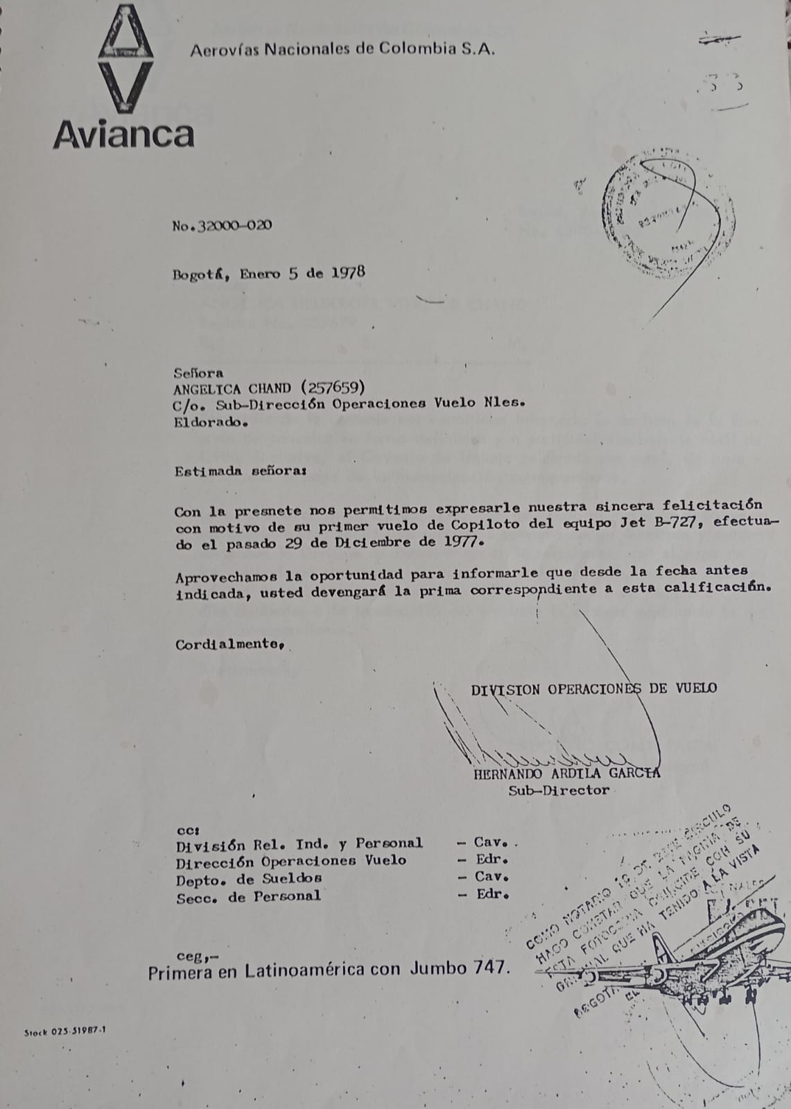 Reconocimiento oficial de Avianca para Helberger por su primer vuelo como copiloto del Boing 727. 